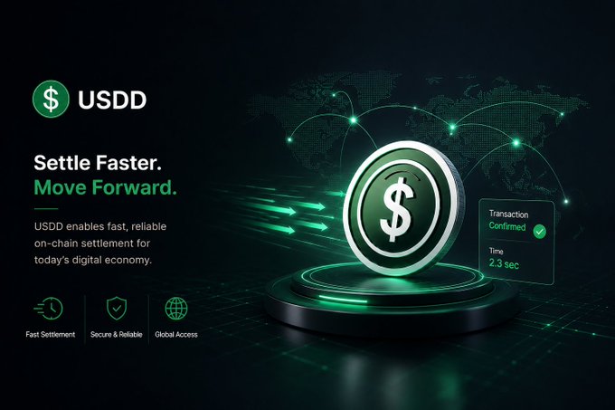 A promotional banner for 'USDD' stablecoin with the tagline 'Settle Faster. Move Forward.' stating 'USDD enables fast, reliable on-chain settlement for today's digital economy,' showing a coin on a pedestal with a 'Transaction Confirmed' notification at 2.3 sec, and features: Fast Settlement, Secure & Reliable, Global Access.