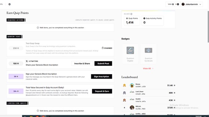 A screenshot of a Quip dashboard showing 1,414 Quip Points, completed required actions, available tasks like 'Test Quip Swap' and 'X (TWITTER) Share your Genesis Block inscription', and a leaderboard with users like Nessie and Lost_Sam.