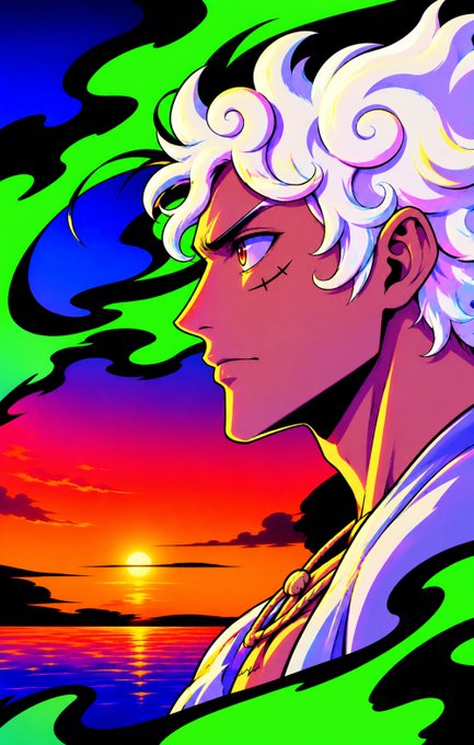 An anime-style illustration of a character with white curly hair and a scar on his face, set against a vibrant sunset background with blue and green swirls.