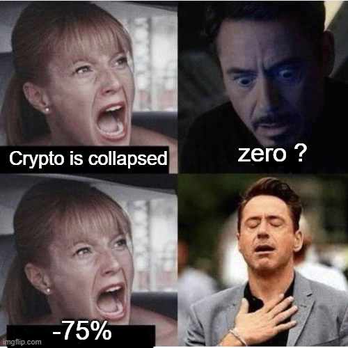 A four-panel meme using scenes from Captain America: Civil War where a screaming woman announces "Crypto is collapsed" to a stunned Tony Stark, followed by "-75%" causing him to clutch his chest in shock, humorously depicting the dramatic reaction to a 75% crypto market crash.