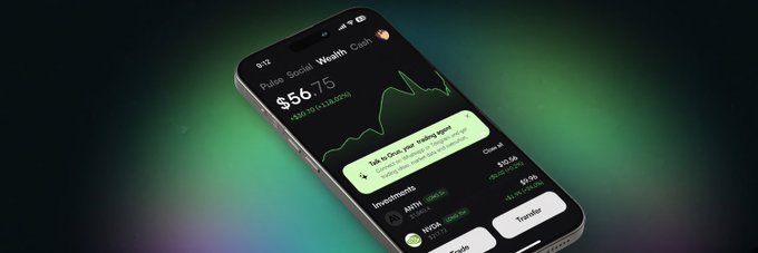 A smartphone displaying a 'Wealth Cash' app showing a Pulse Social Wealth Cash value of $56.75 with a green chart, alongside tabs for 'Investments' and 'Transfer'.