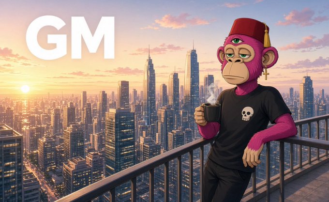 A pink cartoon monkey with a third eye, wearing a fez and a black skull t-shirt, holding a coffee mug on a balcony overlooking a sunset cityscape. Text: GM.