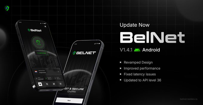 Promotional graphic for the BelNet V1.4.1 Android app update, highlighting a revamped design, improved performance, fixed latency issues, and updated to API level 36.