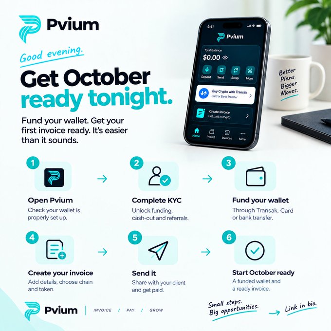 A Pvium promotional graphic titled 'Get October ready tonight' with a 6-step process for invoicing and getting paid in crypto via Transak, card, or bank transfer.