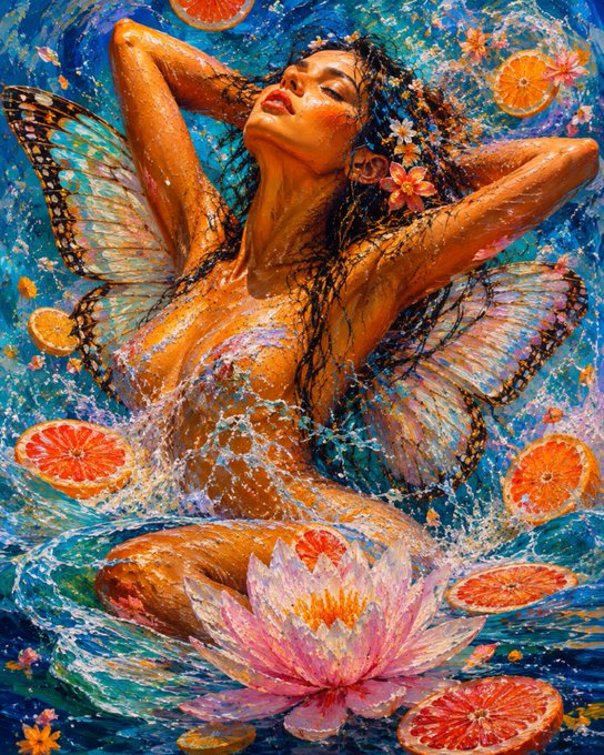 A serene woman with expansive butterfly wings floats amidst splashing blue water, surrounded by floating grapefruit slices and a prominent pink lotus flower.