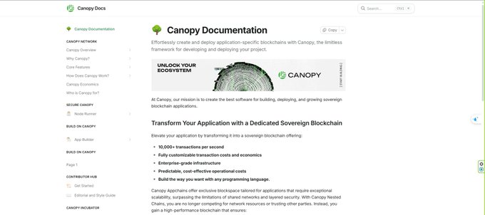 Screenshot of Canopy Documentation webpage, featuring sections like Canopy Network, Secure Canopy, and Build on Canopy, promoting 15,000+ transactions per second on a sovereign blockchain.
