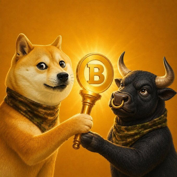 A Shiba Inu and a bull, symbols of the DOGE and BTC communities, jointly hold a golden torch emblazoned with the "B" ticker, representing the launch of the $BULLE memecoin. The image visually unites two iconic crypto mascots around a shared mission, mirroring the post's message of community rallying and narrative unity behind the new token (CA: C7t3tQnyi3ytgYjvWtxhhRcQZayuaXkXSpV3RsVmpump).