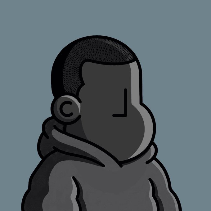 A minimalist digital drawing of a figure with a black outline wearing large over-ear headphones, shown in profile against a gray-blue background.