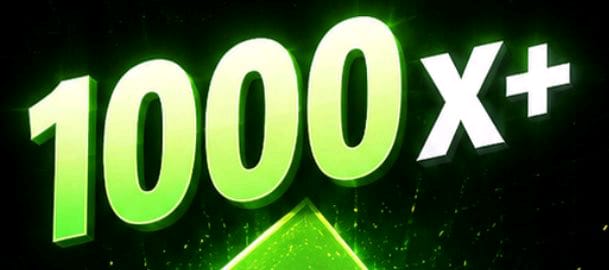 A glowing green '3D' text graphic displaying '1000x+' with an upward-pointing arrow on a dark background, suggesting cryptocurrency gains.