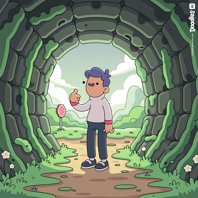 Doodles NFT artwork showing a cartoon character with purple hair giving a thumbs-up while standing inside a mossy stone tunnel, with a stop sign and green hills visible in the background.