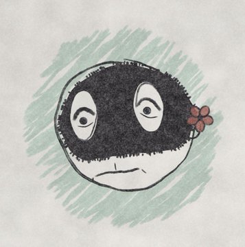 A hand-drawn illustration of No-Face (Kaonashi) from Spirited Away, featuring a black mask with white eyes and a small red flower, surrounded by green sketchy shading.