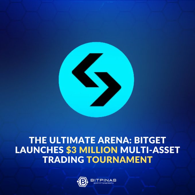 A promotional graphic featuring a blue and black logo with text announcing 'THE ULTIMATE ARENA: BITGET LAUNCHES $3 MILLION MULTI-ASSET TRADING TOURNAMENT' by 'BITPINAS CRYPTO NEWS PH'.