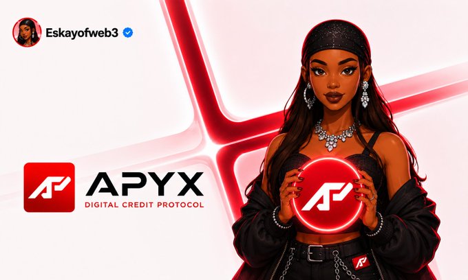 The image is a promotional graphic for the social media post by Eskayofweb3 featuring the APYX Digital Credit Protocol logo alongside an illustrated woman holding a glowing red APYX emblem.

Key elements visible:
- Username/handle: "Eskayofweb3" (verified)
- Brand: "APYX - DIGITAL CREDIT PROTOCOL"
- Logo: Stylized red "A" symbol

The graphic visually supports the post's thesis about bringing traditional credit market capital into DeFi, presenting APYX as the bridge between conventional credit and decentralized finance.