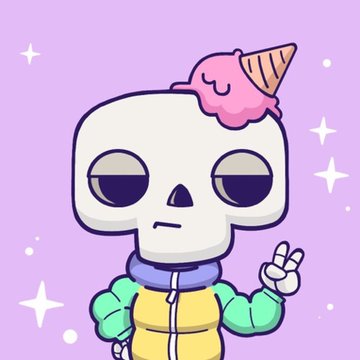 A cute cartoon illustration of a skeleton character with half-lidded eyes, wearing a pink ice cream cone on its head and a yellow and green puffer jacket, making a peace sign against a purple background.
