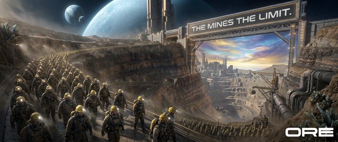 "The Mines The Limit @ORE" is a caption that reads above an image of a group of people walking through a desert-like environment, with a large building or structure nearby.