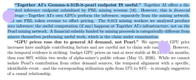 An excerpt of academic text discussing Together AI's Gemma-4-31B-it-pearl endpoint and PRL mining, with highlighted portions and purple annotations.