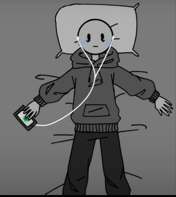 A cartoon illustration of a figure lying in bed with a hoodie on, crying while scrolling on a phone displaying a rising green chart, depicting a sad crypto trader.