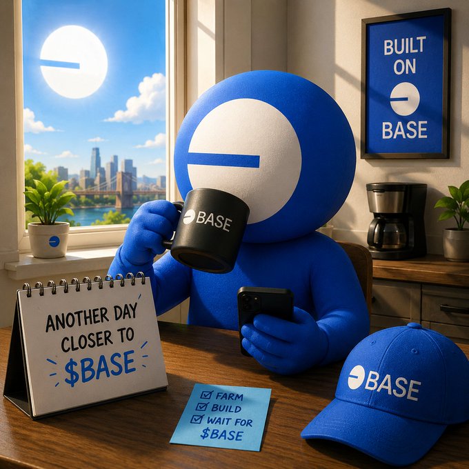 A blue mascot character wearing a 'BASE' logo sits at a desk drinking coffee from a 'BASE' mug, surrounded by $BASE merchandise including a notebook reading 'ANOTHER DAY CLOSER TO $BASE' and a checklist noting 'FARM, BUILD, WAIT FOR $BASE'.