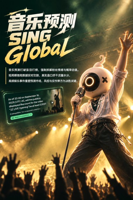 A promotional poster for "SING Global" (音乐预测) featuring a performer with a microphone on a concert stage, advertising a music prediction market event on September 18, 2025 at 20:00 (UTC+8) where the first 5,000 participants in a video opening receive a "22 LIVE Opening" benefit, with the accompanying post highlighting how the platform is pioneering music-focused prediction markets in a space traditionally dominated by crypto, politics, and sports.
