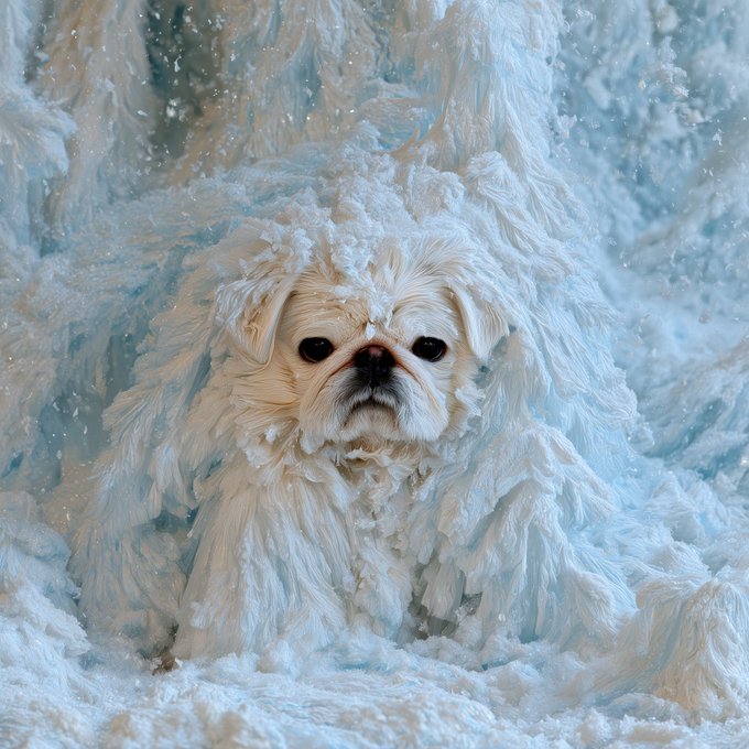 An AI-generated image of a small white dog that appears to be partially merged with or camouflaged into frosty, icy textures.