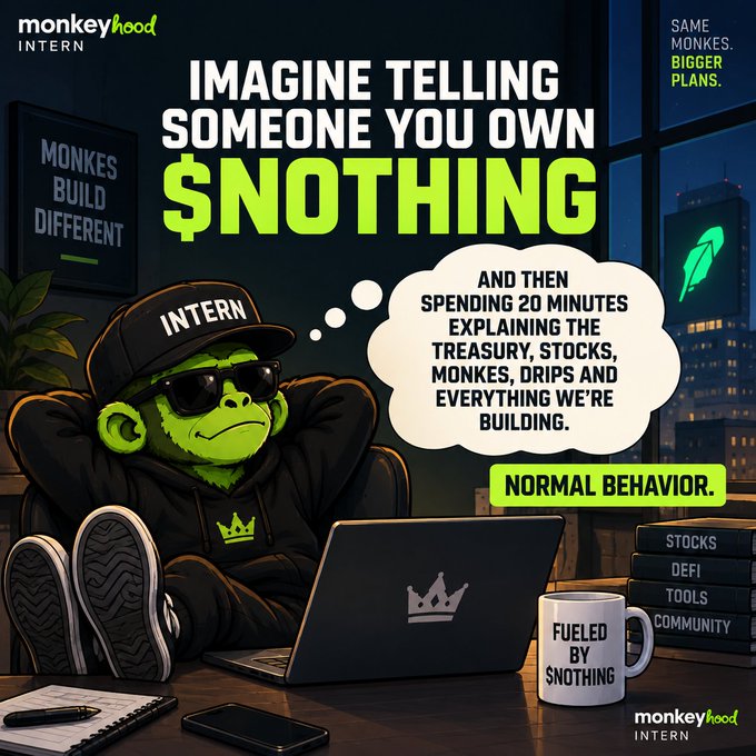 A 'monkeyhood INTERN' promotional image featuring a monkey in sunglasses with text: 'IMAGINE TELLING SOMEONE YOU OWN $NOTHING... NORMAL BEHAVIOR.' and a mug reading 'FUELED BY $NOTHING'.