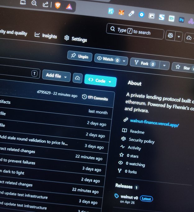 The image shows a computer screen displaying a webpage with information about a private lending protocol called Walnut Finance. The webpage has a list of updates, including details about the protocol's history, its current status, and the number of days ago when it was built. The text on the page also mentions that this is a working protocol and that it started as a Buildathon project.