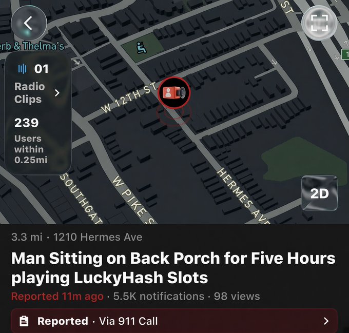 A screenshot of Citizen app showing a dark map of West Village (W 12th St, Southgate, W Pike, Hermes Ave) with an alert reading 'Man Sitting on Back Porch for Five Hours playing LuckyHash Slots', reported 11 minutes ago.