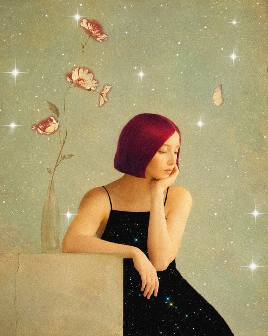 A young woman with a short red bob wearing a black dress, resting her chin on her hand against a muted green background filled with illustrated stars and a floral element.