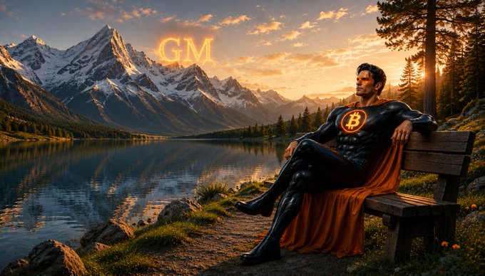 A digital artwork showing a superhero with a Bitcoin logo on his chest, sitting on a bench overlooking a mountain lake with the text 'GM' displayed in the sky.