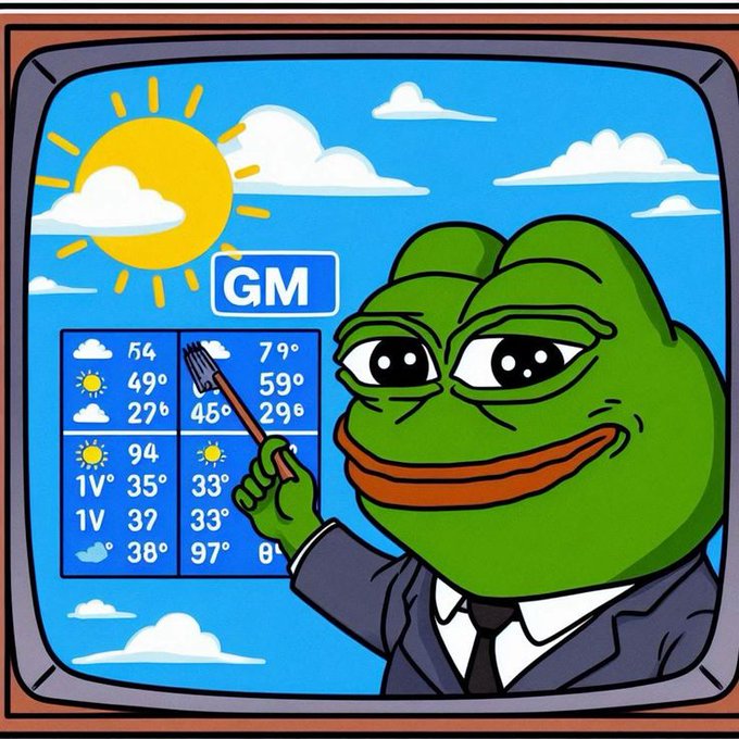 A cartoon illustration of a green Pepe-style frog in a business suit pointing to a weather forecast board labeled 'GM,' with sunny icons and temperature readings like 49°, 27°, 94°, 35°, and 33°.