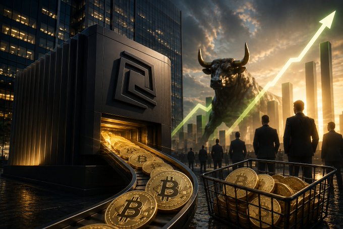 A digital composite artwork showing a black building structure emitting Bitcoin coins, a shopping cart full of gold Bitcoin tokens, a bull statue, silhouetted figures, and an upward-trending green line graph set against a city skyline at sunset.