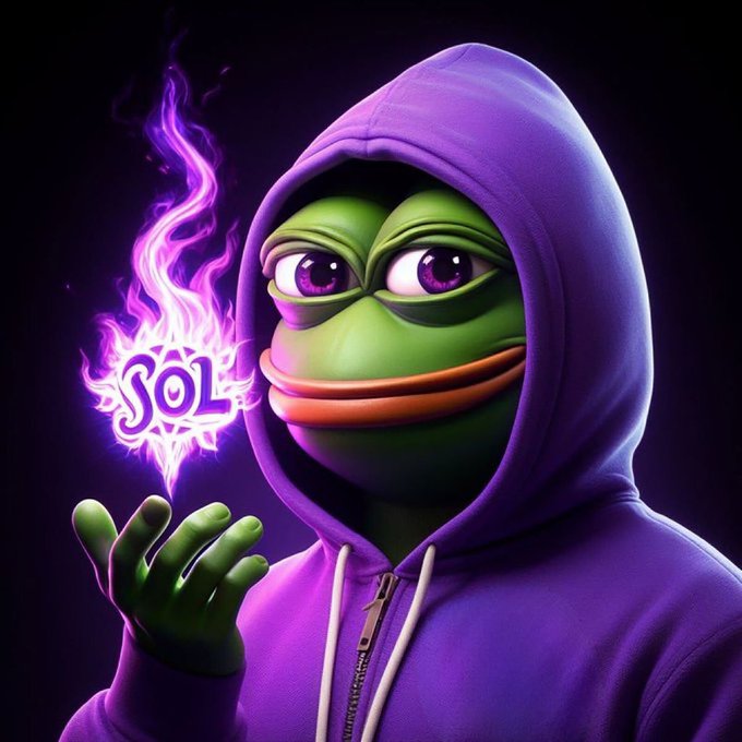 A digital artwork featuring a stylized Pepe the Frog character wearing a purple hoodie, conjuring purple flames that spell 'SOL'.