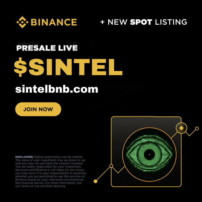 A Binance promotional graphic for a new spot listing '$INTEL' presale (sintelbnb.com) featuring a stylized green eye graphic and standard disclaimer text.