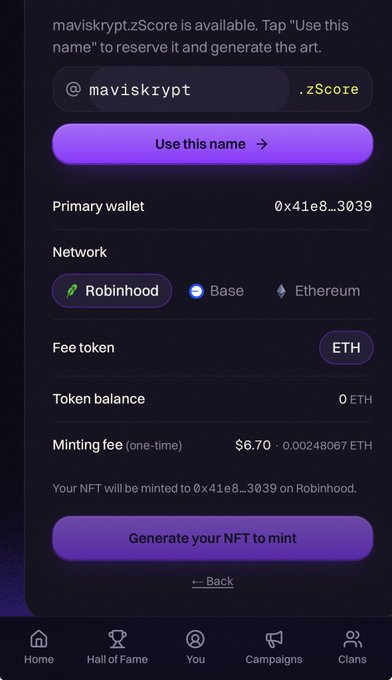 Mobile app screenshot showing NFT minting details for the username 'maviskrypt.zScore' with wallet address 0x41e8...3039 on the Robinhood network, a token balance of 0 ETH, and a minting fee of $6.70.