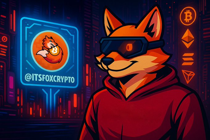 An animated fox wearing VR-style goggles and a red hoodie stands in a neon-lit cyberpunk cityscape, holding up a glowing card displaying the Bitcoin logo and the handle "@ITSFOXCRYPTO." Cryptocurrency icons for Bitcoin, Ethereum, and Tron float in the background, perfectly setting the mood for the post's invitation for foxes to share their weekend crypto "GEM" picks.