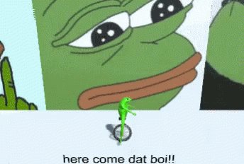 The image features a cartoon frog with green skin, wearing a helmet and riding a bicycle. The text "here come Dat Boi!" is written above the frog's head, indicating that the scene is part of an online meme or joke.