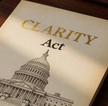 A document titled 'CLARITY Act' in gold lettering with an illustration of the U.S. Capitol building.