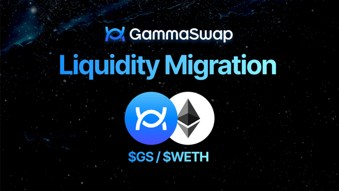 Promotional graphic for GammaSwap announcing 'Liquidity Migration' between the $GS and $WETH token logos against a starry space background.