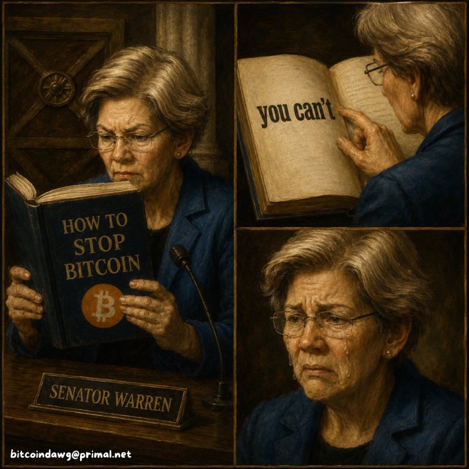 A painted-style meme depicting Senator Warren reading a book titled "HOW TO STOP BITCOIN" with a Bitcoin logo, showing her crying as the pages read "you can't," from bitcoindawg@primal.net.