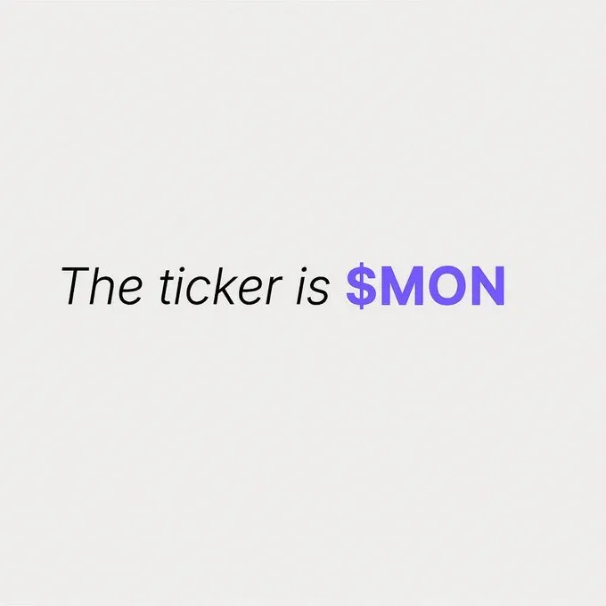 The image displays the text "The ticker is **$MON**" in italic font, with the ticker symbol highlighted in purple. This reinforces the post's focus on $MON and its upcoming token unlock challenge, emphasizing the cryptocurrency's ticker for clear identification.