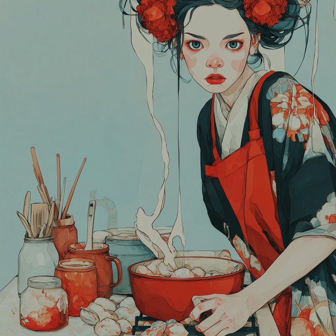 A stylized digital illustration of a pale woman with red flowers in her hair, wearing a red apron over a floral kimono, preparing food in a kitchen with jars and cooking utensils.