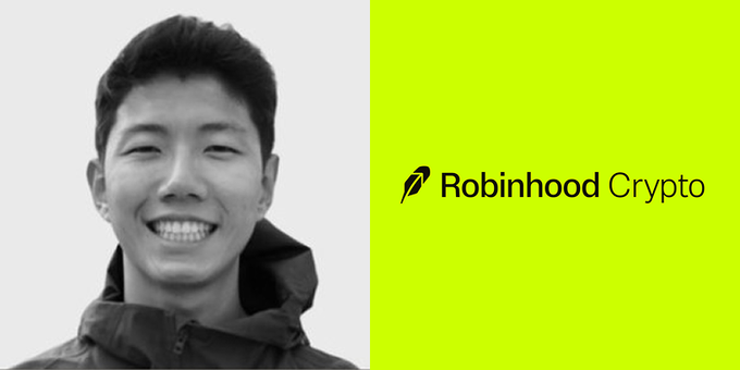 A split image featuring a black-and-white photo of a smiling man on the left and a green panel with the 'Robinhood Crypto' logo on the right.