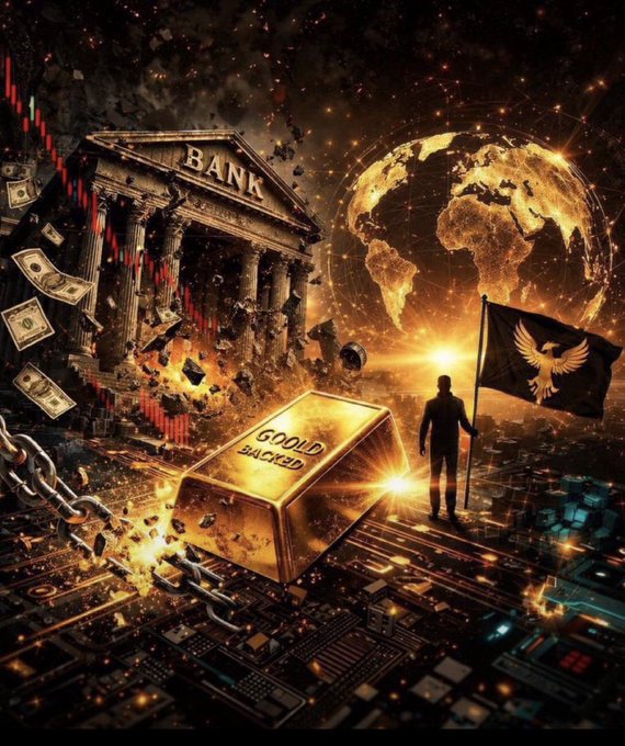 A dramatic digital artwork featuring a crumbling bank building, a glowing globe, a giant gold bar labeled 'GOOLD BACKED,' and a silhouetted figure holding a black flag with a golden phoenix emblem.