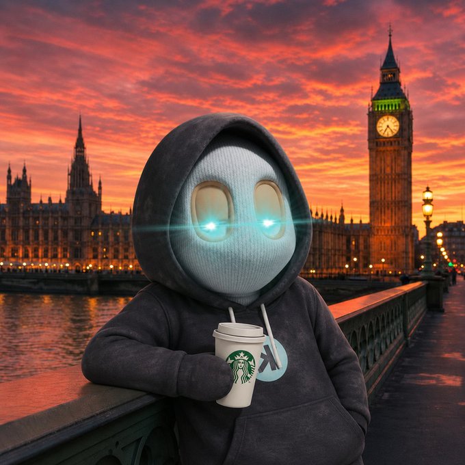 A hooded figure with glowing blue eyes sits on a bridge at sunset, holding a Starbucks coffee cup, with the iconic Big Ben clock tower in the background. The image likely accompanies the post to celebrate a $300 crypto gambling win on MetaWin, showcasing a stylish, mysterious winner enjoying the spoils in London.