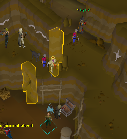 A screenshot from Old School RuneScape showing several player characters in a cave, with two yellow highlighted mining rocks.