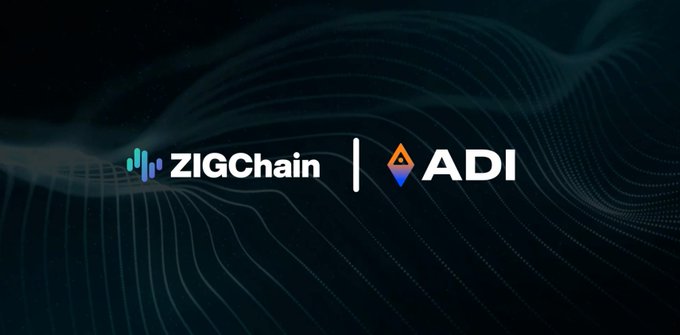 The image displays the logos for "ZIGChain" and "ADI" side by side against a dark, wavy background with a vertical line separating the two brand names. It serves as a branded graphic accompanying a post discussing on-chain tokenized asset statistics, though the image itself doesn't visually convey the $33 billion figure or inactivity metrics mentioned in the accompanying text.