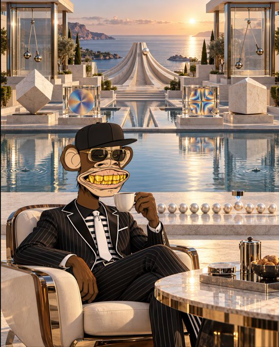 An AI-generated image of a Bored Ape-style character in a pinstripe suit, sunglasses, and gold grill, sipping coffee in a luxurious Mediterranean setting at sunset.