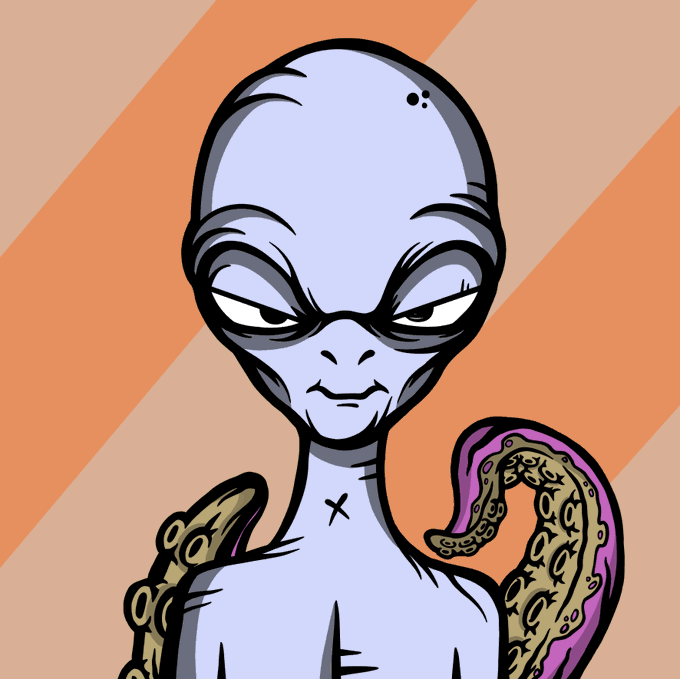 A cartoon-style illustration of an angry, bald purple alien with tentacles on its shoulders, set against an orange and peach striped background.