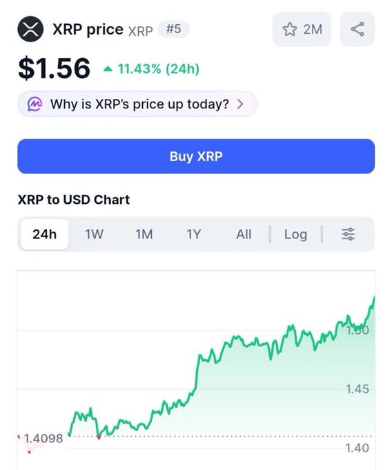 A cryptocurrency price screen showing XRP at $1.56, up 11.43% over 24h, with an XRP to USD chart trending upward.