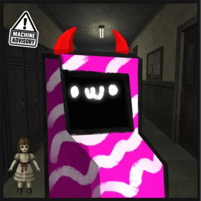 A horror game screenshot showing a pink and white striped vending machine with red horns and a creepy face, next to a small doll in a dark hallway.